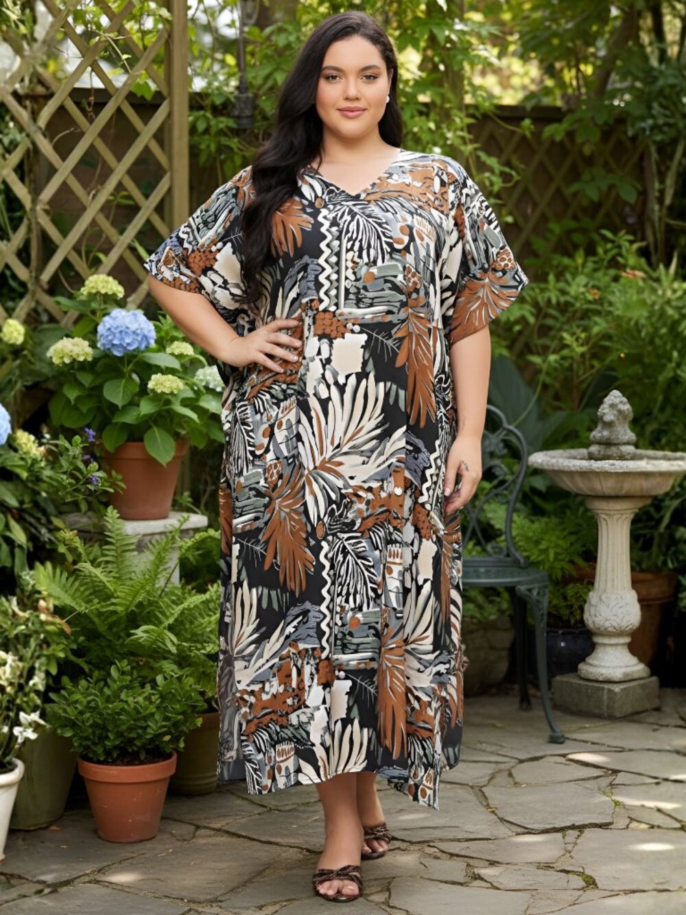 Tropical Leaf Printed Polyester Caftan Dress Plus Size Cover Up Beach Maxi Dress